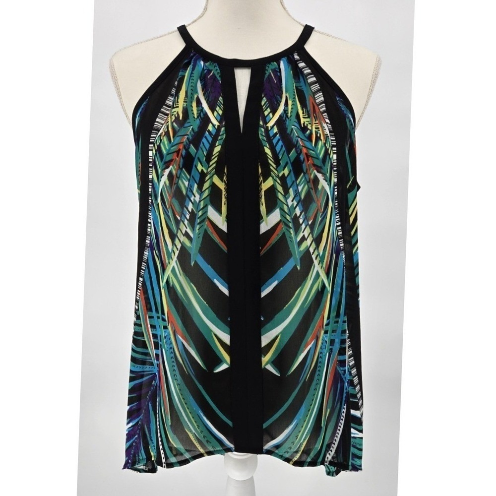 Nicole by Nicole Miller Sheer Halter‎ Top Abstract Print Flowy Medium Tank